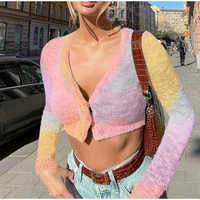 sexy cropped cardigans green vintage pullovers tops women new autumn v neck long sleeve button up y2k knitted sweater pink green