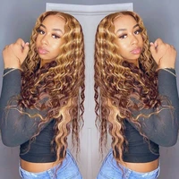highlight wig brown colored curly human hair wig honey blonde ombre deep wave frontal wig highlight lace front human hair wigs