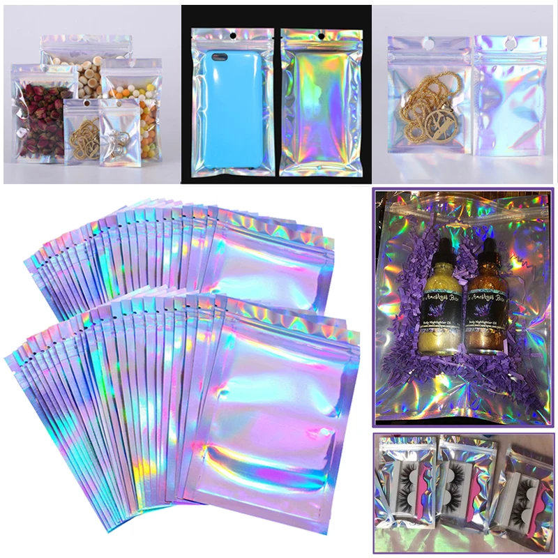 

Eyelashe Package In Bulk Holographic Laser Zip Lock Bag Necklace Storage Custom Brand Logo Sticker Wholesale Idea Gift Packaging