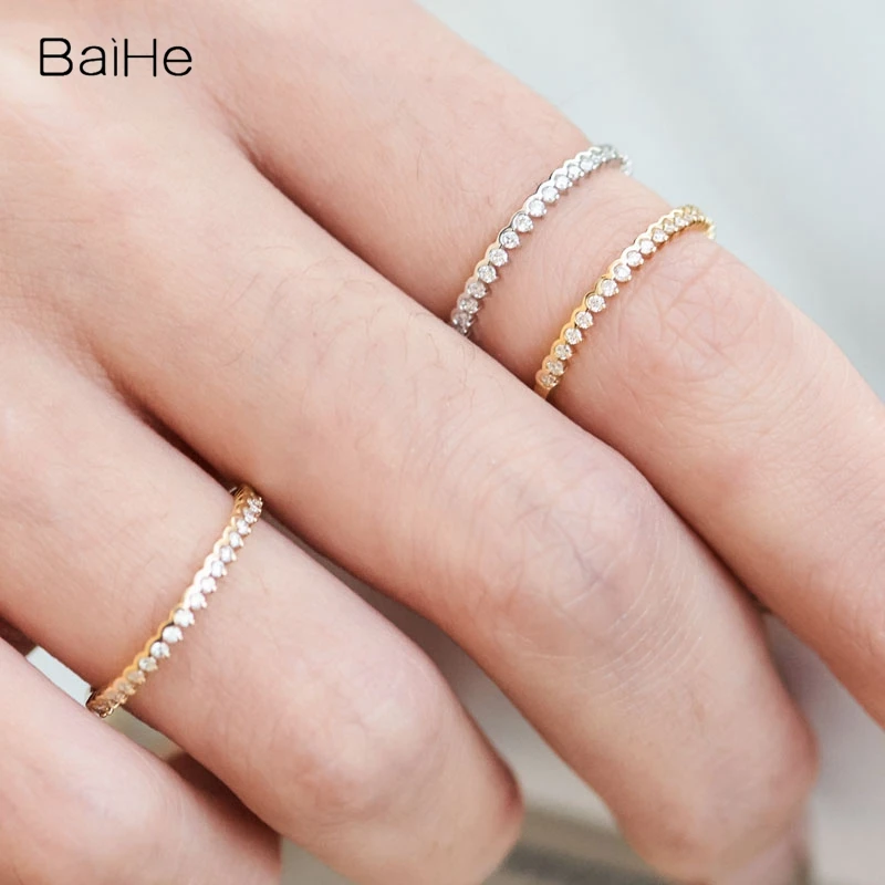 

BAIHE Solid 14K Yellow Gold 0.12ct H/SI Round Cut Natural Diamonds Wedding Gift Women Fine Jewelry beautiful Joker Diamond ring