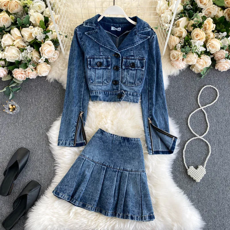 Женский джинсовый костюм ALPHALMODA с отложным воротником и длинными рукавами