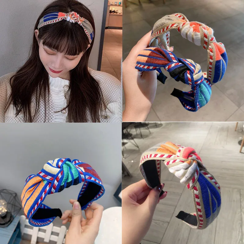 

New Colorful Embroidery Flower Hairbands Girl Korea Knot Hair Band Crown Flower Headbands Head Wrap Hair Accessories for Women