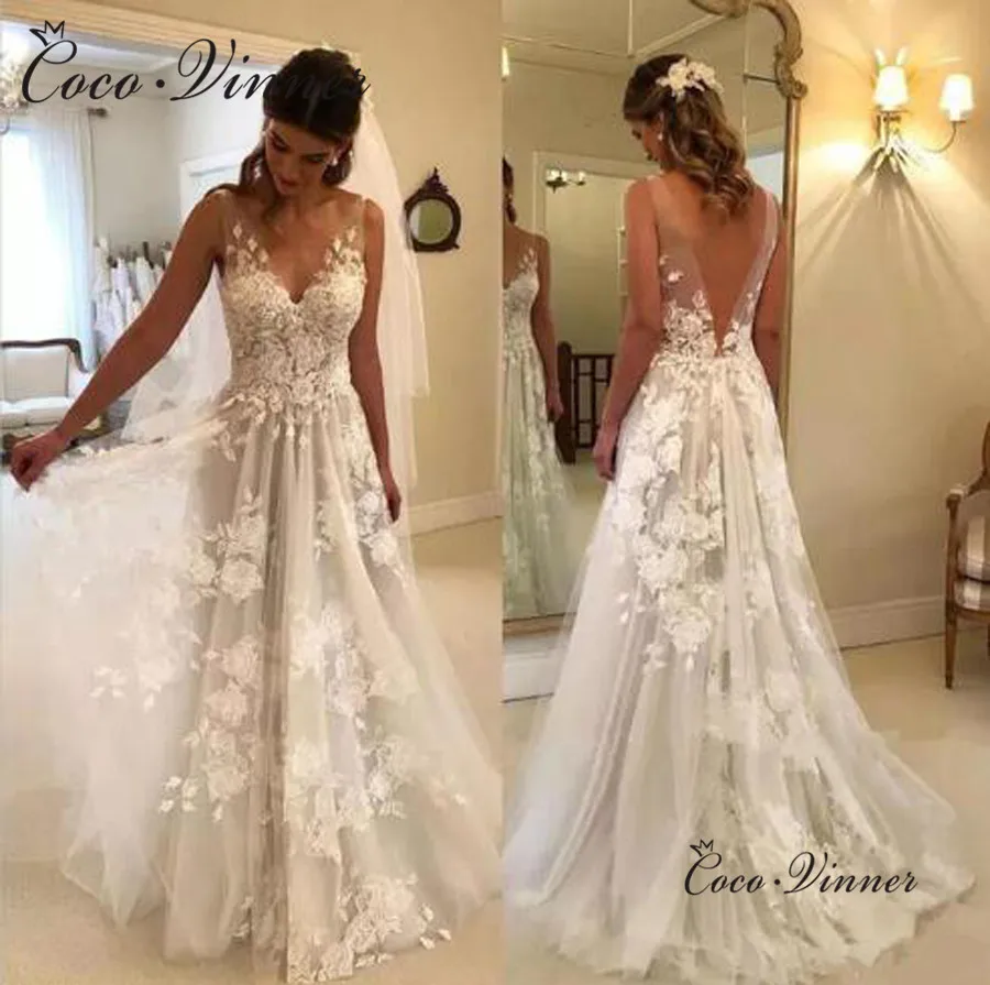 

Fancy Appliques Lace Embroidery Illusion V-neck Sweep Train Natural Beach Wedding Dresses Backless Vestido Novia Boho w0449