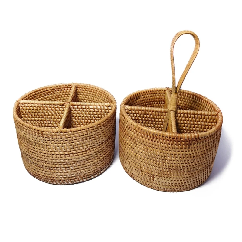 

Round Hand Woven Storage Basket 4 Compartment Desktop Storage Serving Basket Creative Organizer Household Collection Retro Class