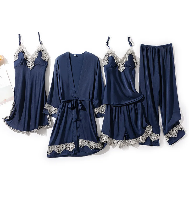 

Patchwork Pajamas Suit Intimate Lingerie Female Nightwear Satin Home Clothing New Arrival Sexy 5PCS Sleepwear Home Clothing