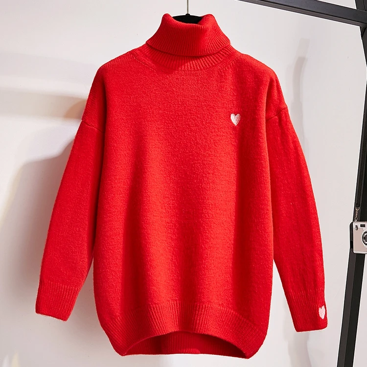 TingYiLi Oversized Sweater Women Korean Heart Embroidery Long Beige Pink Red Turtleneck Autumn Winter | Женская одежда