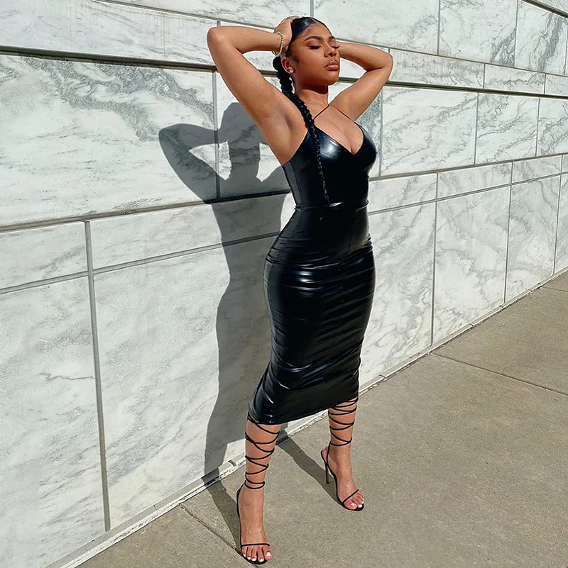 

Pu Faux Leather Women Slit Midi Dress Strap V Neck Backless Bodycon Sexy Streetwear Party Elegant female Night Club Slim Dresses