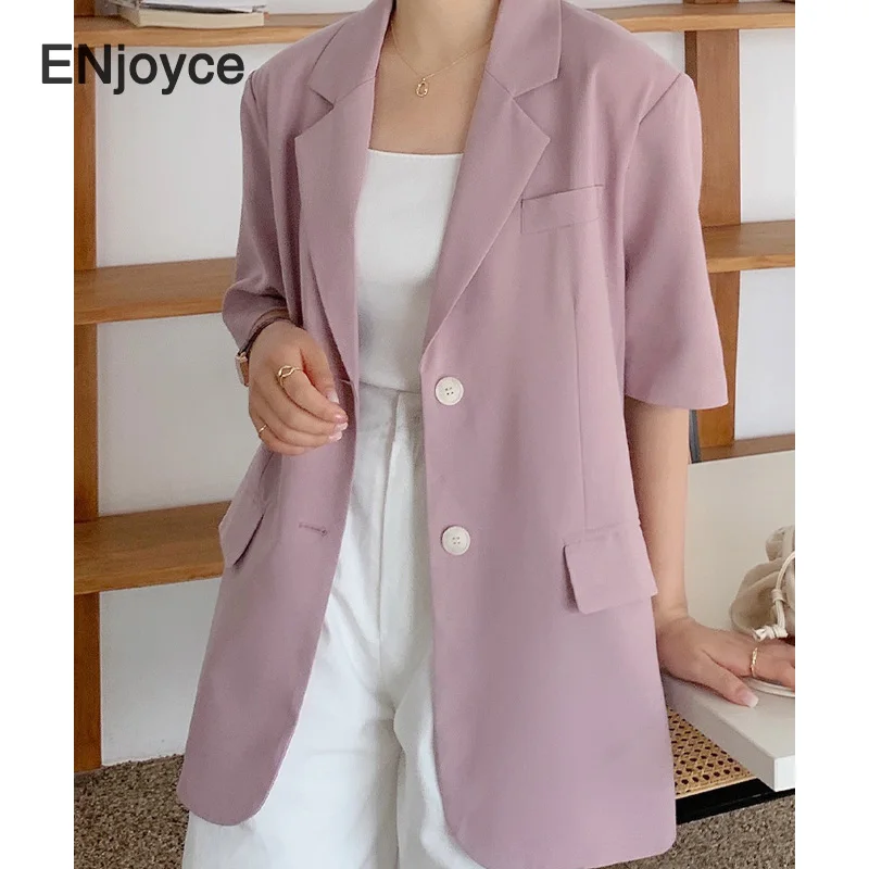 

Pink Short Sleeve Suit Blazer for Women Korean Fashion New Lapel Loose Suits Ladies Workwear Sunscreen Thin Jacket Summer 2021