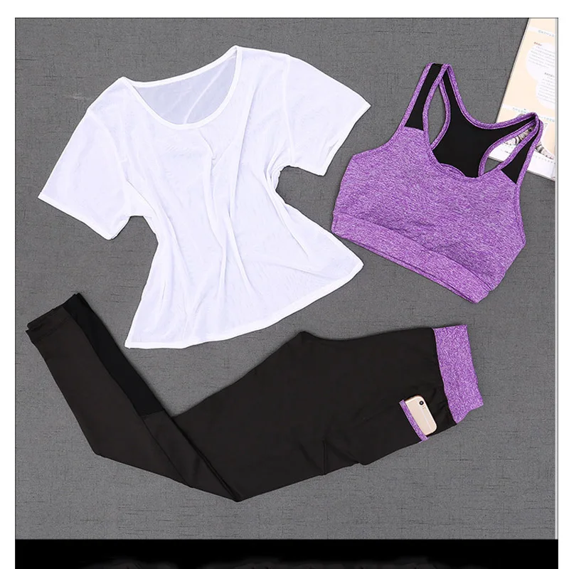 Sports wear for women 3 piece Solid color Yoga Set Women Running outdoor Workout T-shirt Leggings Suit gym clothing S-XXL | Спорт и