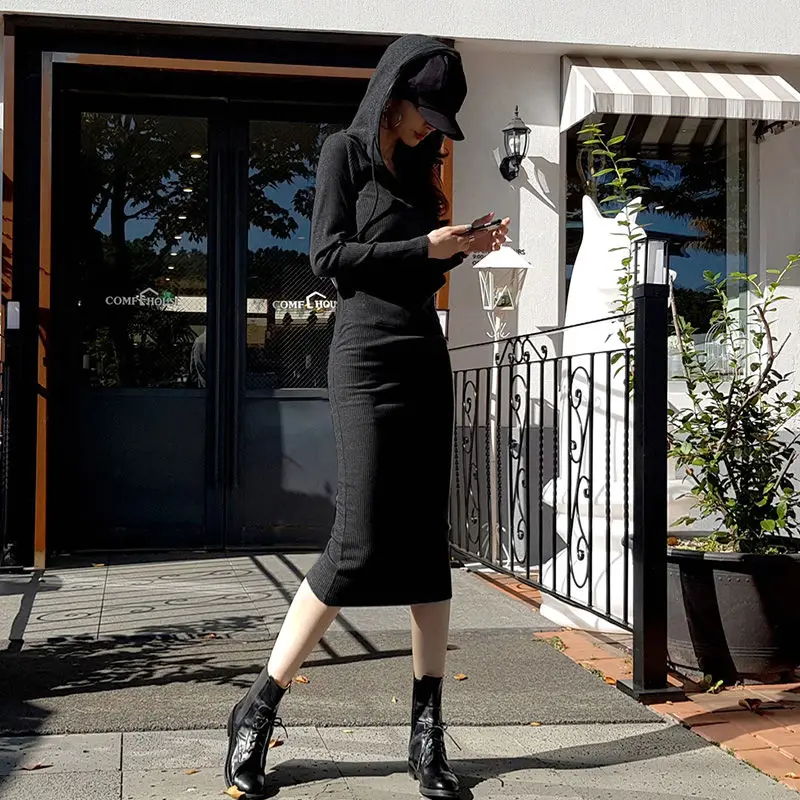

Cotton 95 Korean style slim bag hip long-sleeved over-the-knee dress female autumn waist thinner hooded mid-length sweater dress