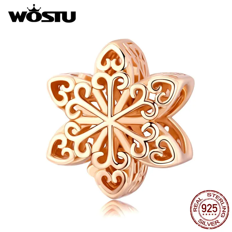GOLD WOSTU зимний стиль Настоящее 925 пробы серебро Снежинка Шарм Подходит Сделай Сам браслет из бусин ювелирные изделия модный подарок CQC719 - Цвет: GOLD