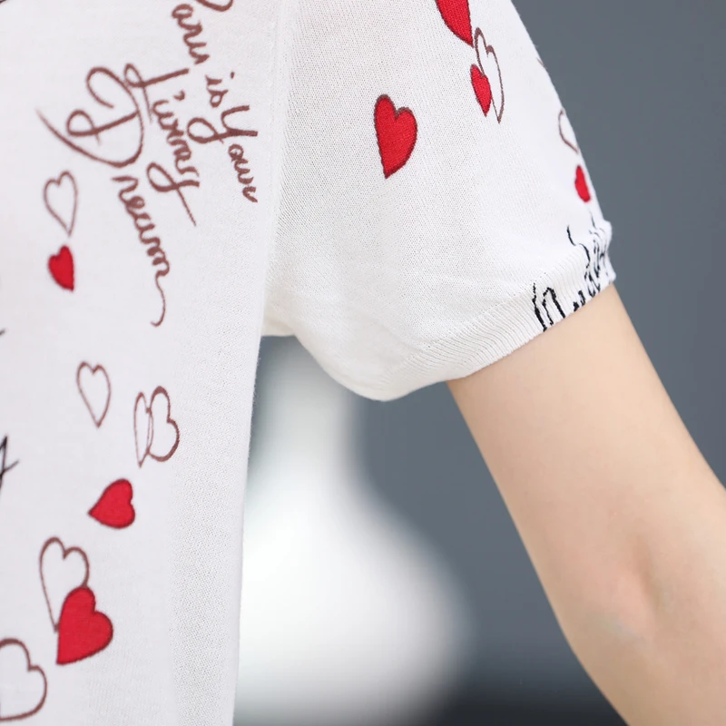 

Heart Print Crop Top 2021 New Summer Short Sleeve Women's T-shirts Thin Knit Top Female Plus Size High Quality Woman T-shirts