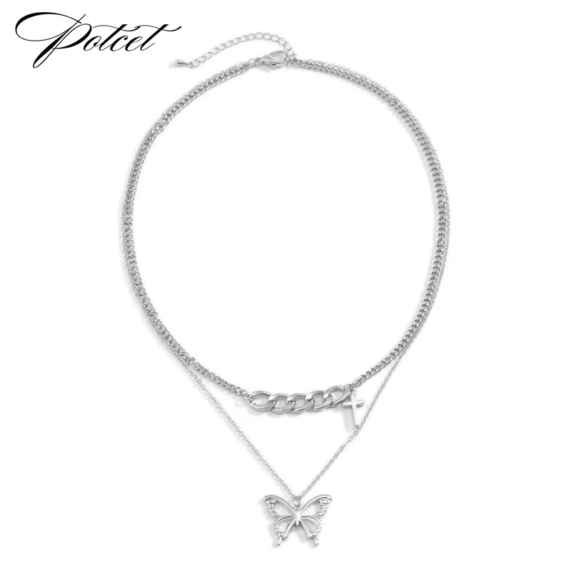 

POTCET Unisex Double Layered Butterfly Cross Necklace Pendant Clavicle Chain Geometric Fashion Hip Hop Party Jewelry