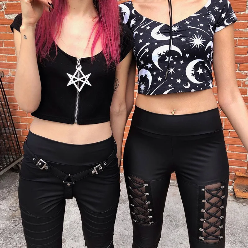 Girls Gothic Skinny PU Leather Pants Sexy See Through Lace Up Bandage Bodycon Tight Trouser Women High Waist Punk Club |