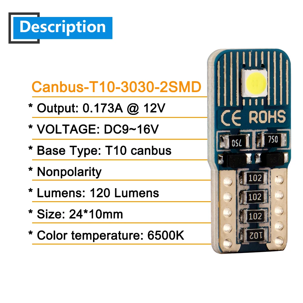 50X Canbus T10 W5W светодиодный 3030 2 SMD Светодиодная Автомобильная индикаторная лампа для чтения номерного знака задний габаритный светильник белого цвета