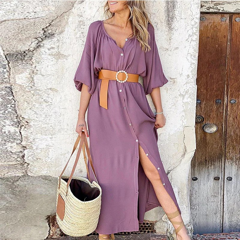 

Fashion Purple V-neck Long Sleeve Elegant Summer Dress Women Maxi Dress for Women Beach and Holiday Dress