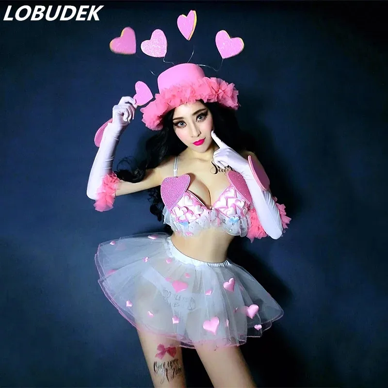 Valentine's Day Bar Nightclub Party Costume Sexy Lovely Pink Bikini Skirt Set Jazz Dance Team Performance DJ Singer Stage Outfit |