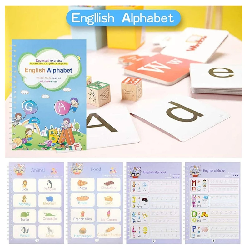 

4 Books+ Pen Magic Practice Copybook English for Kids Reusable Magic Writing Book Free Wiping Kids Book for Handwriting Copybook