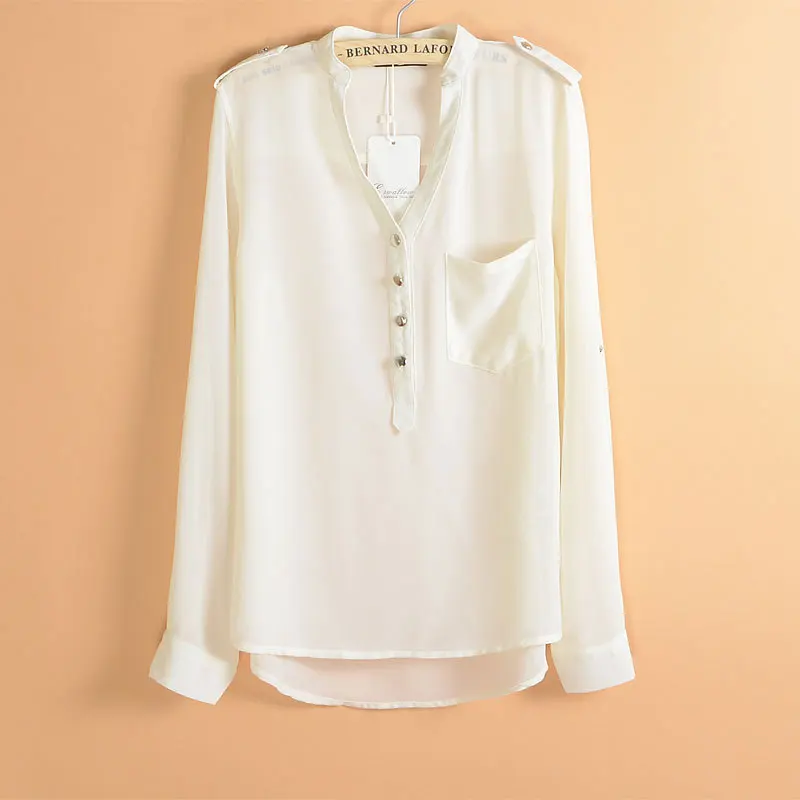 

Women Spring Summer Chiffon Blouse Top 2022 V Collar Botton Long Sleeves Loose Shirt Blusa Feminina