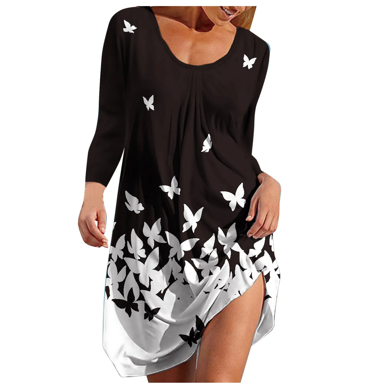 

Платье женское хлопковое с длинным рукавом, круглым вырезом и принтом бабочек