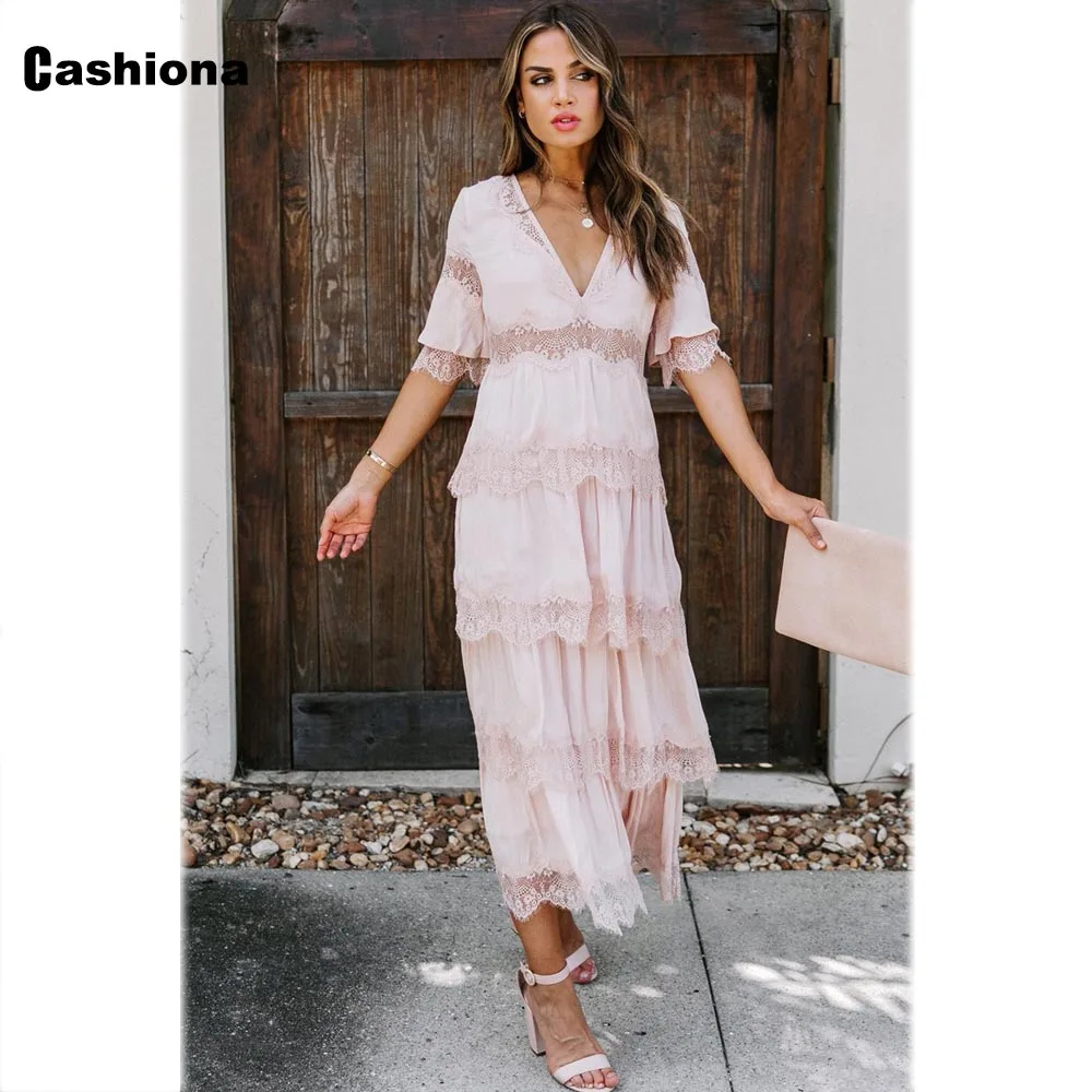

Aimsnug 2021 Summer Sexy V-neck Mid-Calf Dress Women Half Sleeve Patchwork Lace Party Dresses Plus Size Femme Vestido Robe Dress