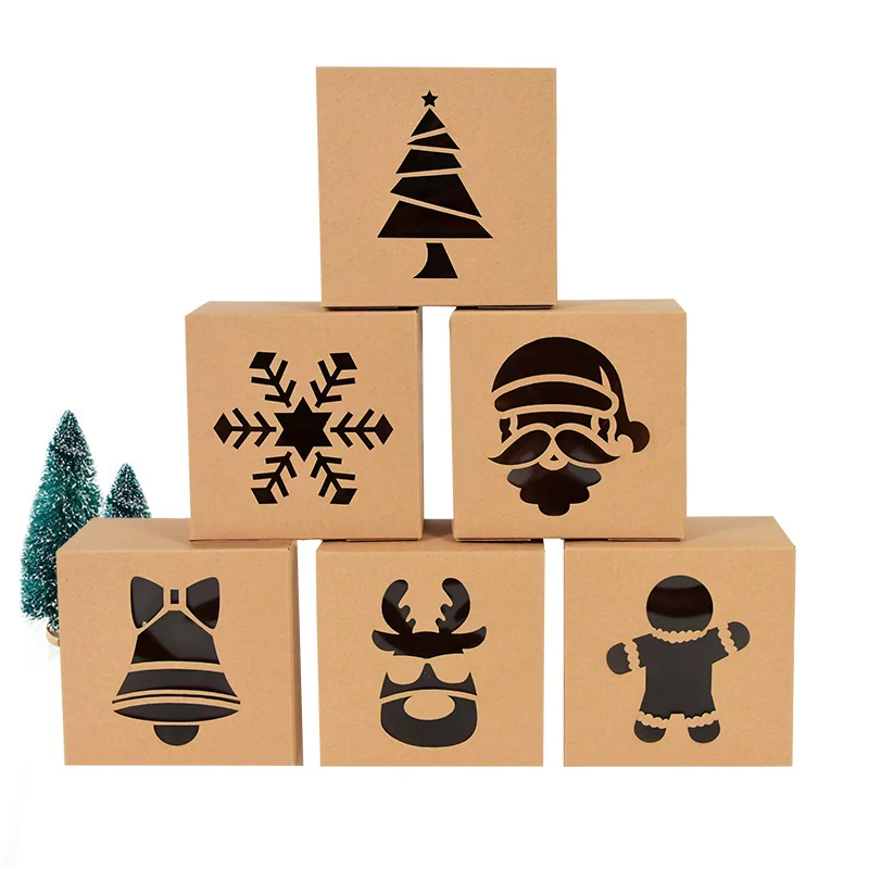 

5Pcs Christmas Tree Gift Box With Clear Window Xmas Elk Kraft Paper Candy Apple Boxes For Christmas New Year Party Gifts Packing