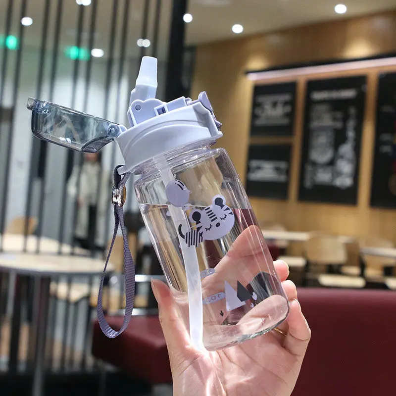 

Straw graduated cup cartoon kitten with lifting rope sports water cup outdoor fitness heat resistant and fall proof student