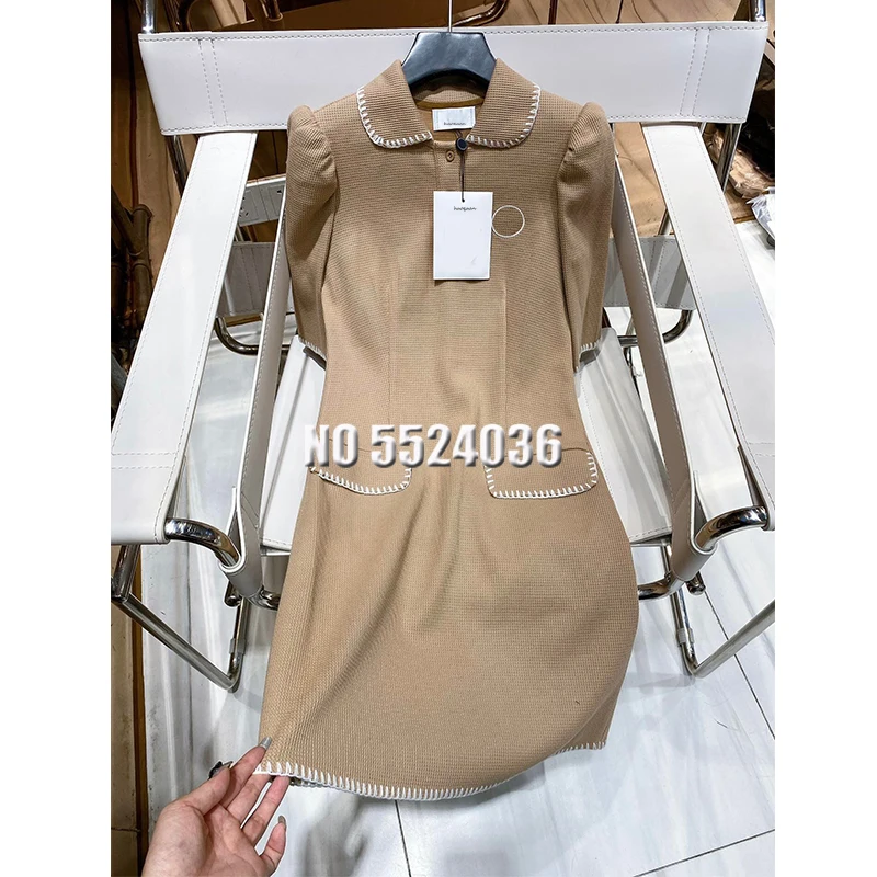 

Модные элегантные однотонные твидовые женские платья с коротким рукавом Осень 2021 приталенные платья с отложным воротником и вышивкой для ж...