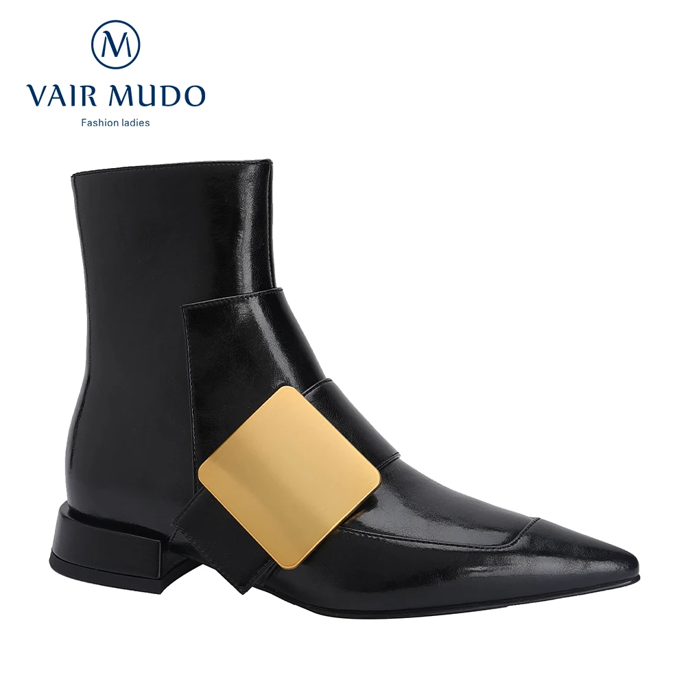 

VAIR MUDO Ankle Boots Shoes Pointed Toe Low Heels Black White Brown Genuine Leather Concise Solid Elegant Fashion ShoesWM-X319-C