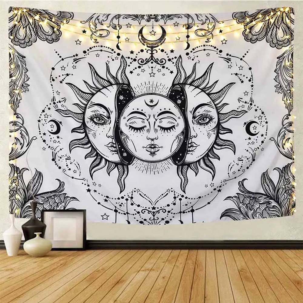 

White Black Sun Moon Mandala Tapestry wall Hanging Celestial Tapestries Hippie Wall Rugs Dorm Decor 6m 6m star led light