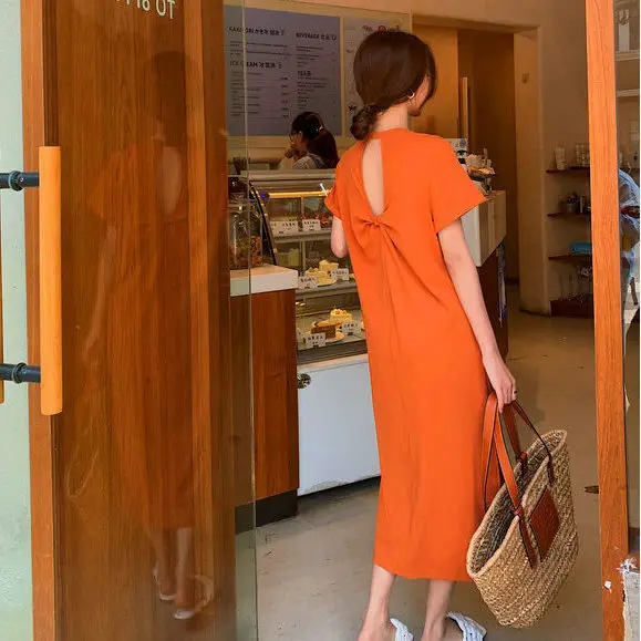 

2021 summer loose and slim open back short sleeve T-shirt dress