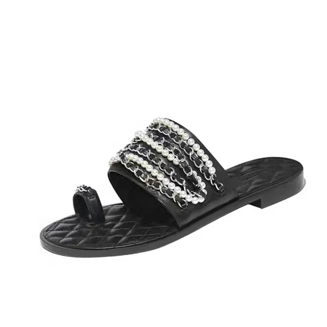 

2020 summer new holiday flat sandals open toe wear small Fragrance Set toe pearl chain beaded slippers