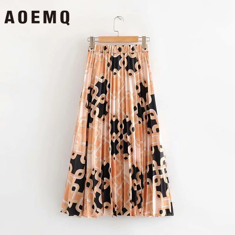 AOEMQ Skirts Women Chiffon Floral Style Beach Skirt Female With Folds High Waist Elasticity Streetwear | Женская одежда