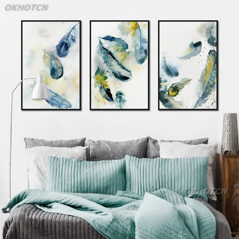 Абстрактная Картина на холсте с перьями креативный акварельный постер и принт