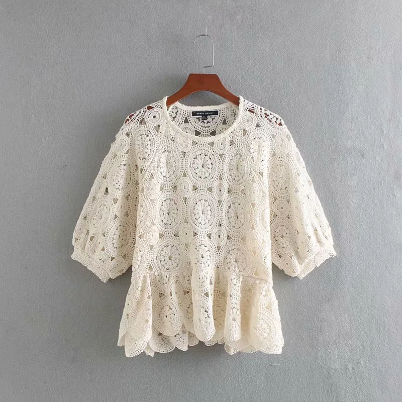 SESOAF Women Chic Lace Shirt Vintage Casual Floral Crochet Blouse Crop Fashion Elegant Hollow Out ladies tops Summer tunic | Женская