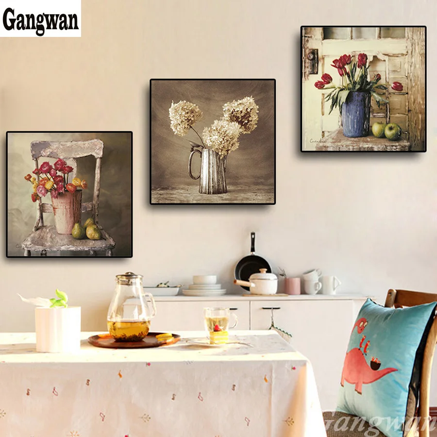

3 pcs Vintge Fruit Flower diamond painting diamond rhinestone embroidery 5d cross stitch mosaic kitchen restaurant decoration