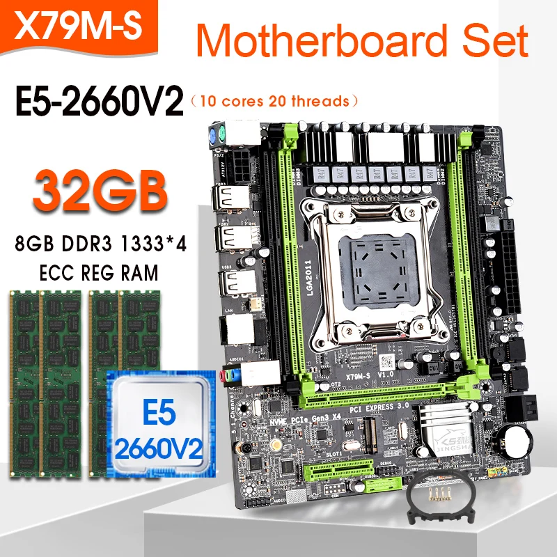Günstig X79 M-S Motherboard Set Mit LGA2011 Combos Xeon E5 2660V2 CPU 4 Stücke X 8GB = 32GB Speicher DDR3 ECC RAM 1333Mhz NVME M.2 Slot