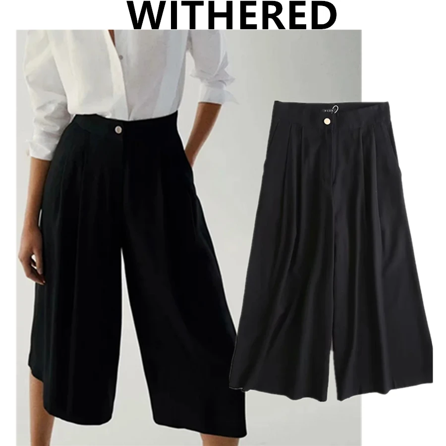 

Withered england fashion vintage high waist pleated Culotte casual ankle wide leg pants women pantalones mujer trousers sets