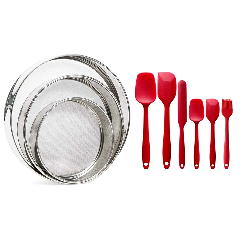 Flour Sifter Strainer Set of 3 (15cm 18cm 20cm) with 6Pcs Cooking Tools Set