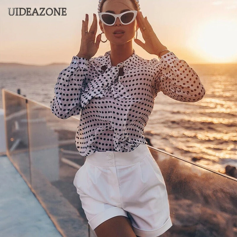 

UIDEAZONE Polka Dot Print Women Shirt Bowknot Office Lady Long Sleeve Casual Blouses Shirts 2020 Spring Autumn OL