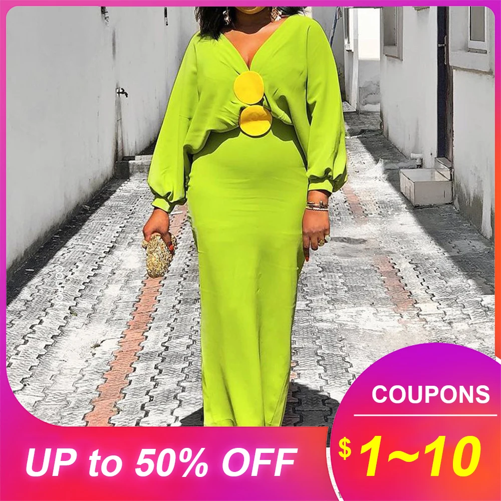 Ярко зеленая Макси платье для женщин в африканском стиле Осенние вечерние ужин