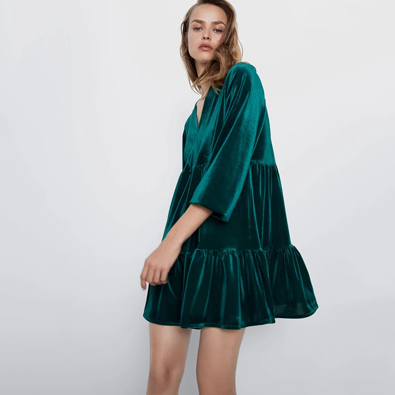 Женское бархатное платье рубашка ZA темно зеленое Свободное с v образным вырезом