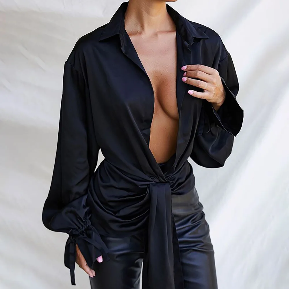 

Black Sexy V Neck Petal Sleeve Blouses Woman Fashion 2020 Elegant Bandage Irregular Loose Shirts Casual Plus Size Tops