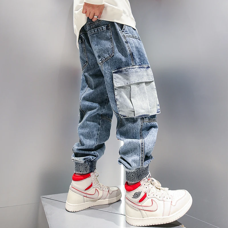 

High Street Fashion Men Jeans Loose Fit Retro Blue Casual Denim Cargo Pants Big Pocket Wide Leg Harem Trousers Hip Hop Joggers