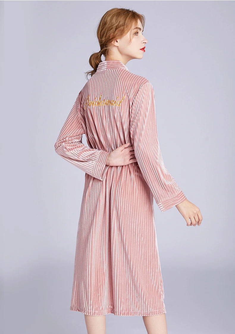 hot pink bridesmaid Брендовый дизайнерский велюровое кимоно халат женский с вышивкой невесты Свадебный халат платье сексуальное Длинное ночное белье M L XL - Цвет: hot pink bridesmaid