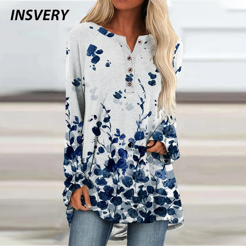 

Рубашка женская с длинным рукавом, элегантная блуза с цветочным принтом, Повседневная Свободная футболка на пуговицах, длинная блуза, весна-лето