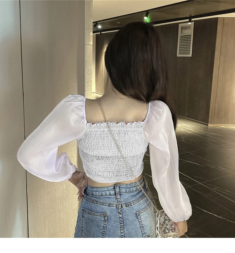 

Spring Autumn Fashion Women's Clothing Square Collar Puff Sleeve Chiffon Blouse Solid Mesh Shirts Korean Crop Top Female New