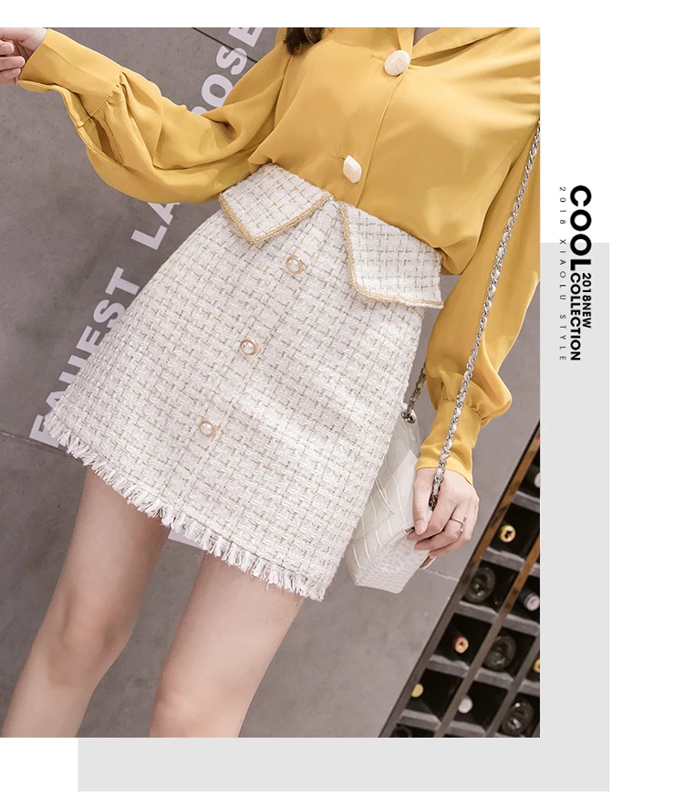 SMTHMA Winter tweed tassel skirts women high waist plaid black women's skirt korean chic mini short skirt faldas mujer moda