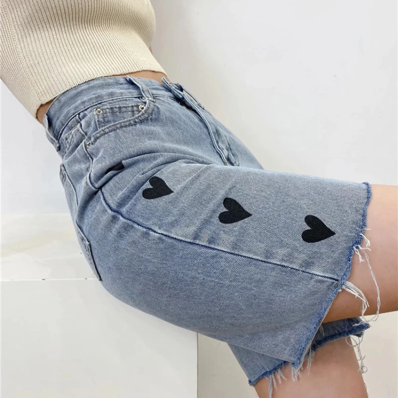 

Trendy Heart Printing Design High Waist Making Legs Look Long Frayed Cropped Summer New Women's Pants Casual Simple Shorts
