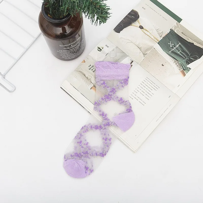 Прозрачные кружевные шелковые носки в стиле ретро с кристаллами ультратонкие